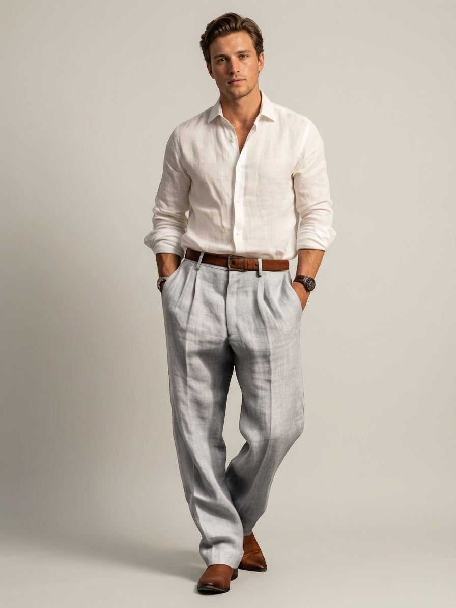 Relaxed Fit Pleated Linen Pants
