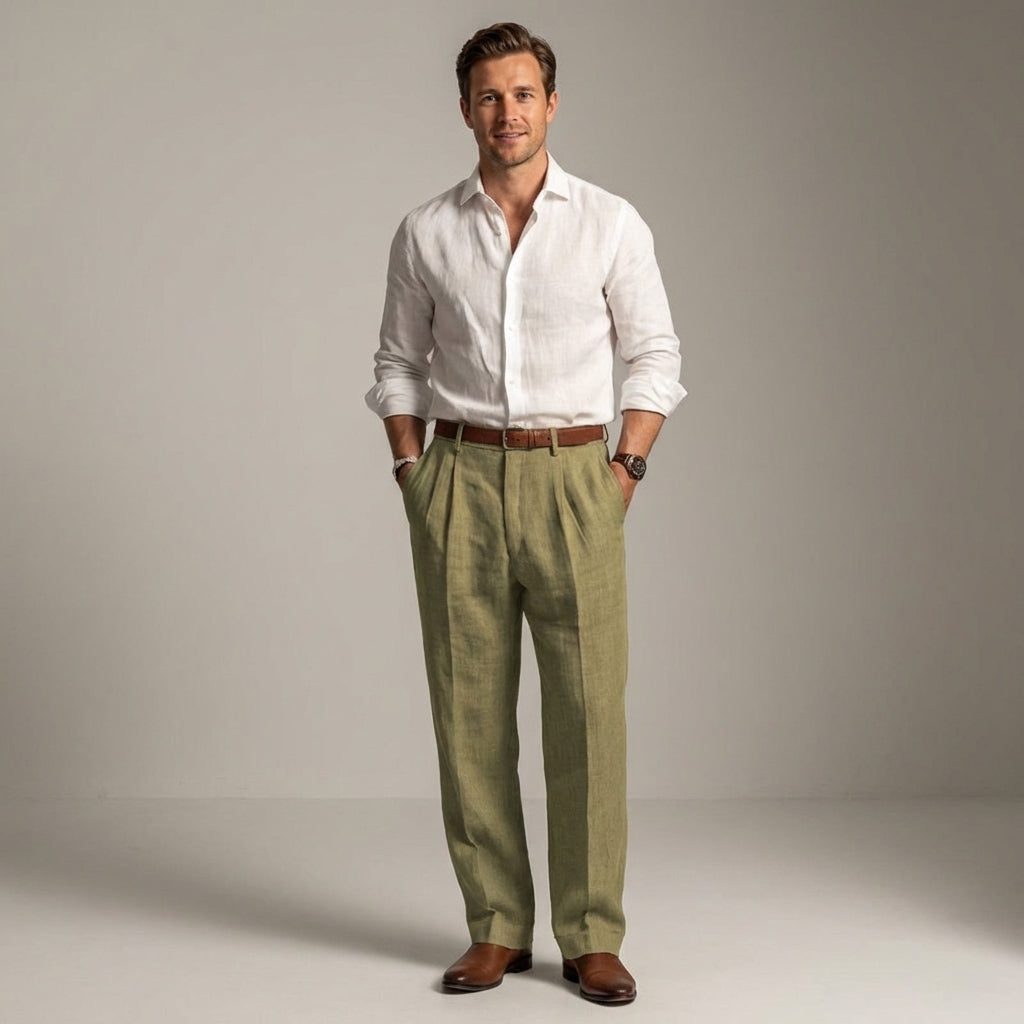 Relaxed Fit Pleated Linen Pants