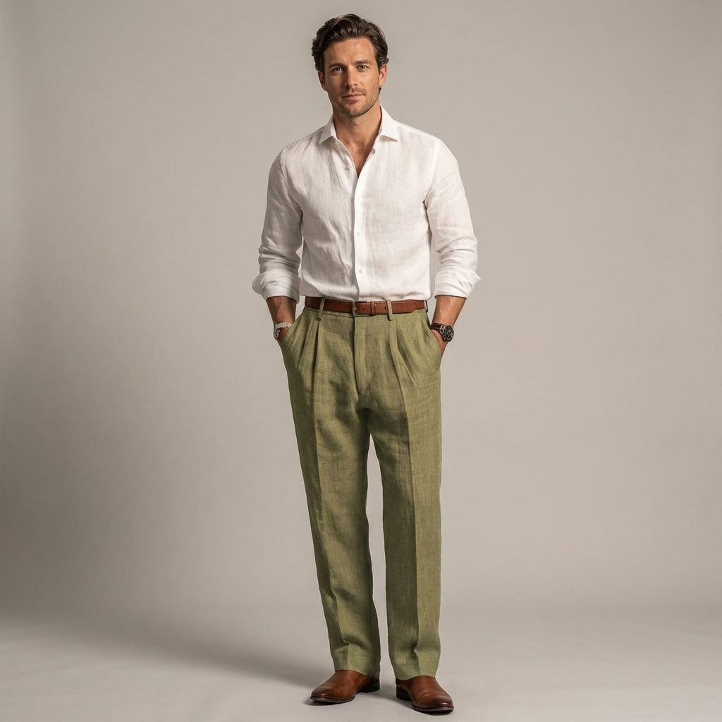 Relaxed Fit Pleated Linen Pants