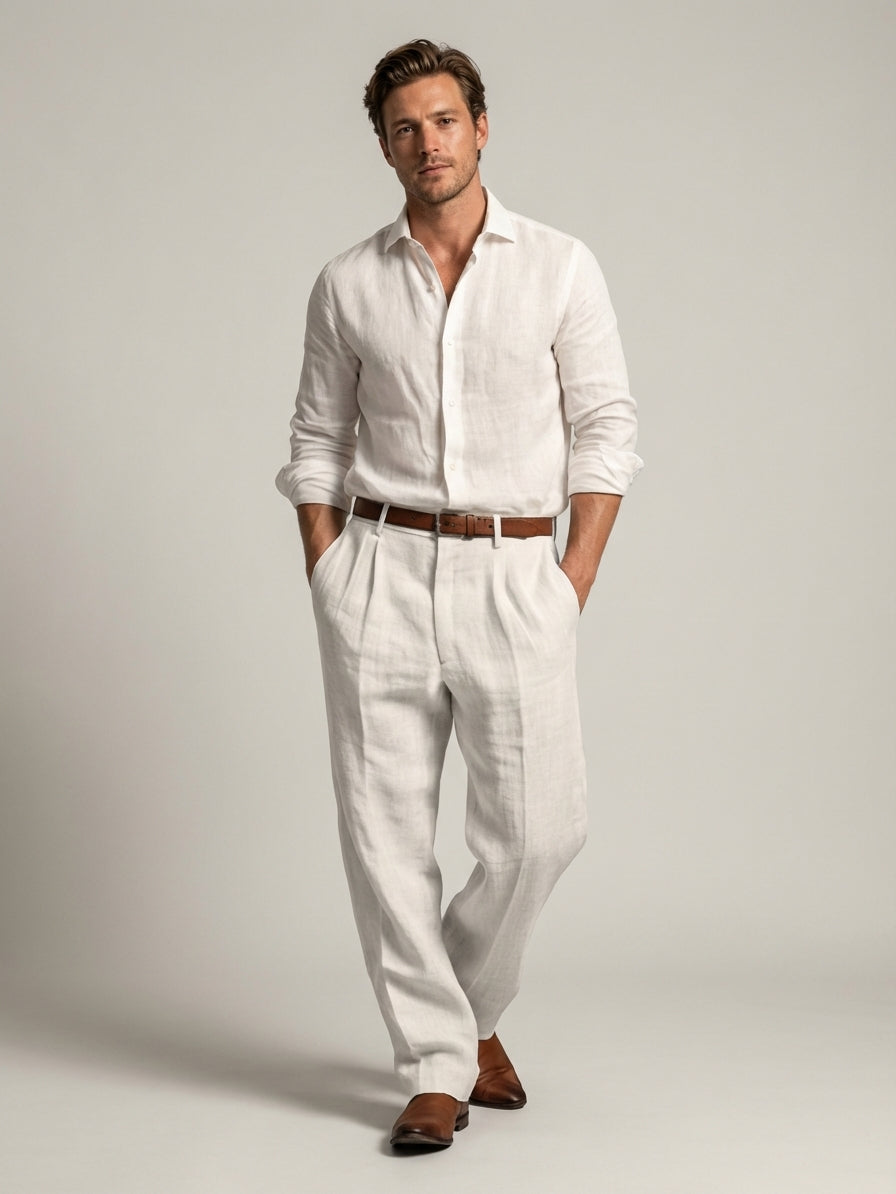 Relaxed Fit Pleated Linen Pants