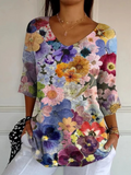 Relaxed Floral Print V Neck Knit Top