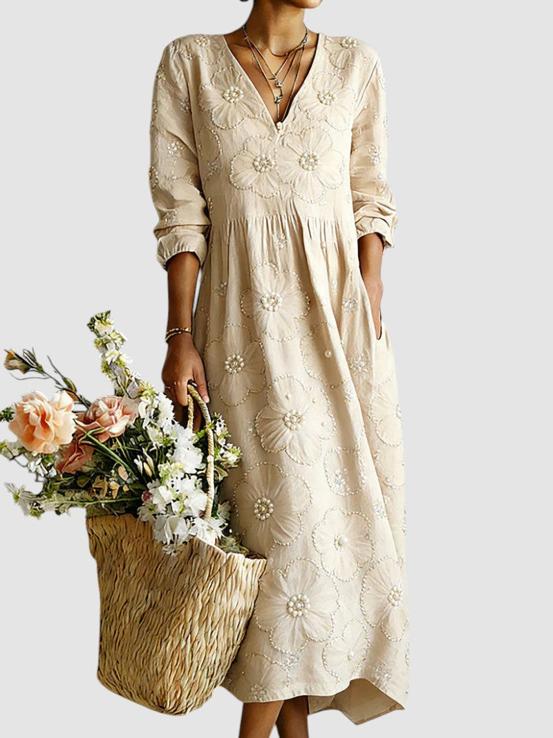Relaxed Floral Print V Neck Midi Dress