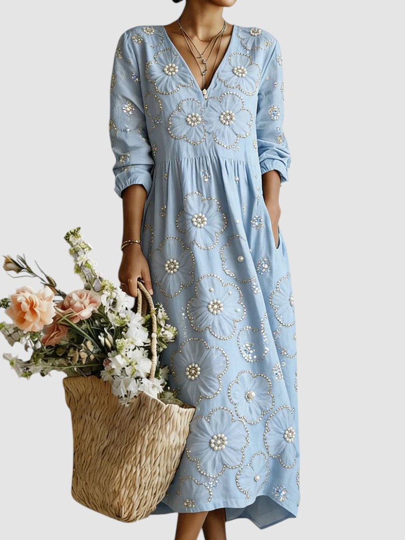 Relaxed Floral Print V Neck Midi Dress