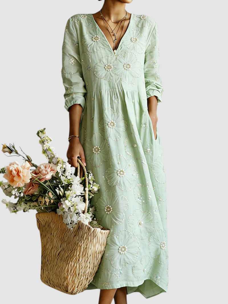 Relaxed Floral Print V Neck Midi Dress