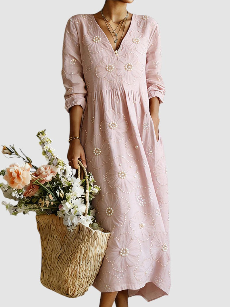 Relaxed Floral Print V Neck Midi Dress