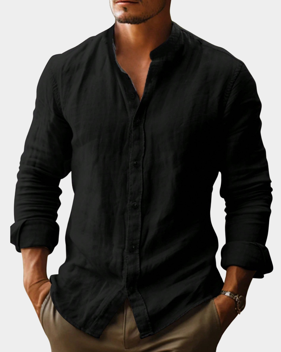 Relaxed Linen Look Band Collar Shirt