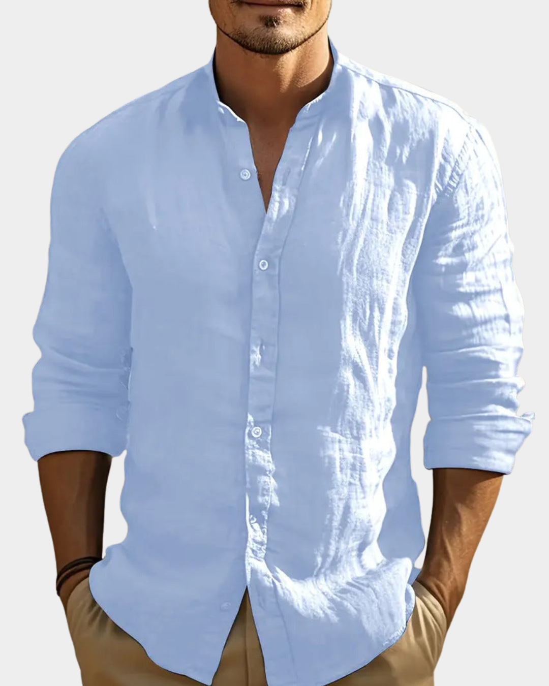 Relaxed Linen Look Band Collar Shirt