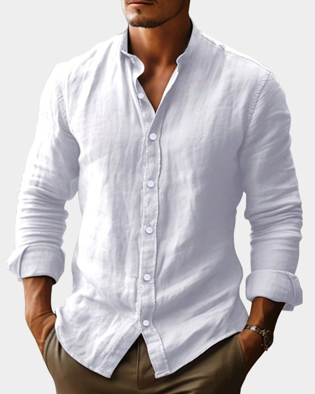 Relaxed Linen Look Band Collar Shirt