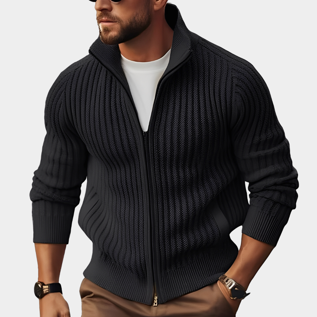 Ribbed Knit Full Zip Stand Collar Sweater