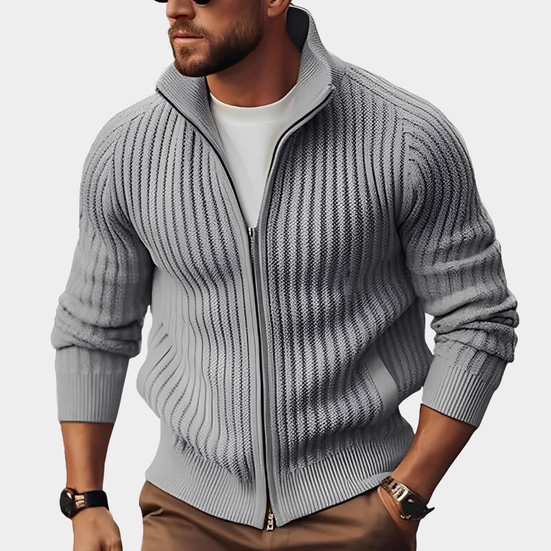 Ribbed Knit Full Zip Stand Collar Sweater