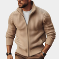 Ribbed Knit Full Zip Stand Collar Sweater