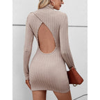 Ribbed Knit Turtleneck Open Back Mini Dress