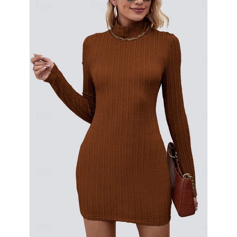 Ribbed Knit Turtleneck Open Back Mini Dress