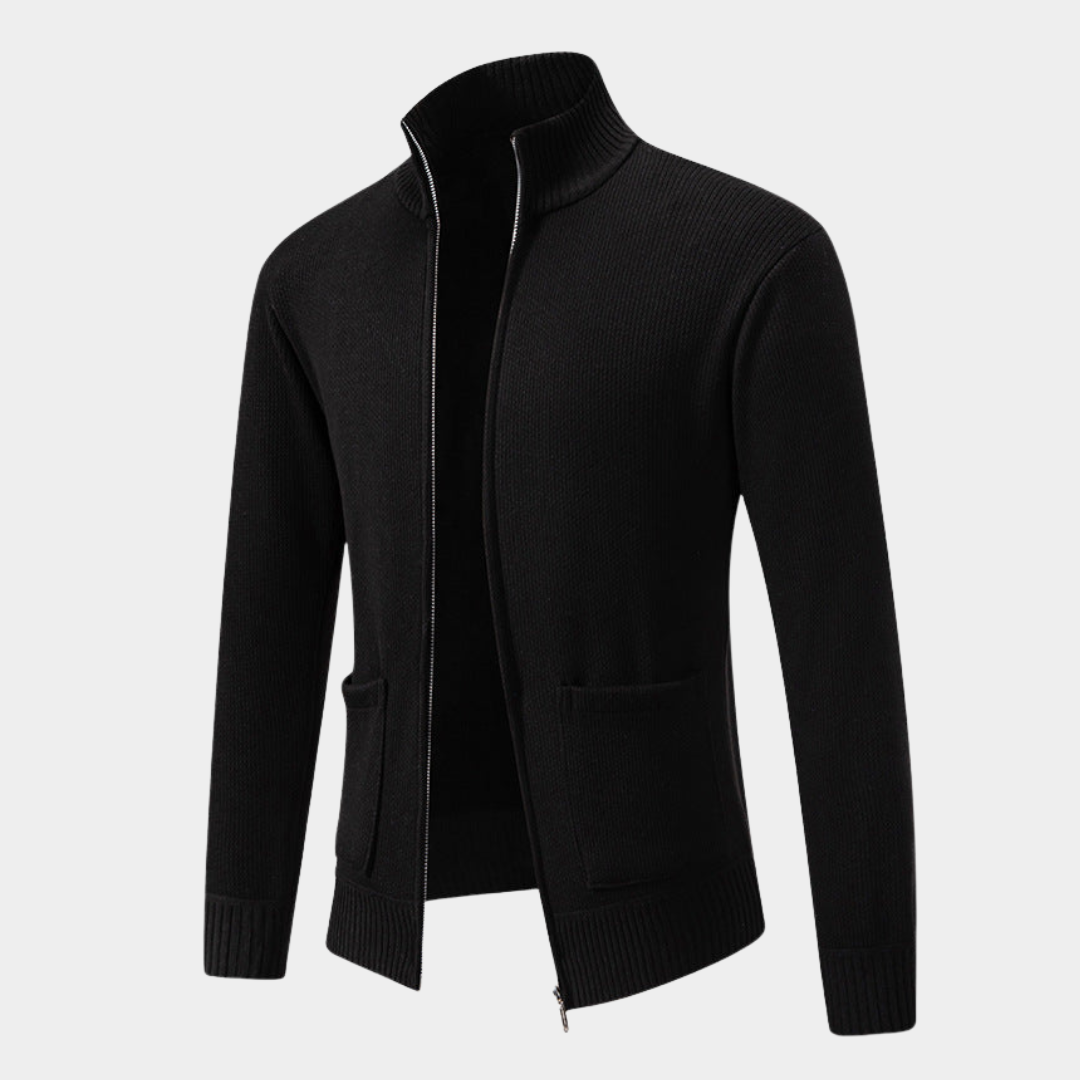 Textured Knit Zip Cardigan with Stand Collar