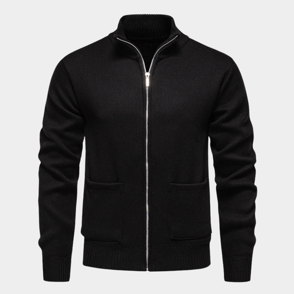 Textured Knit Zip Cardigan with Stand Collar
