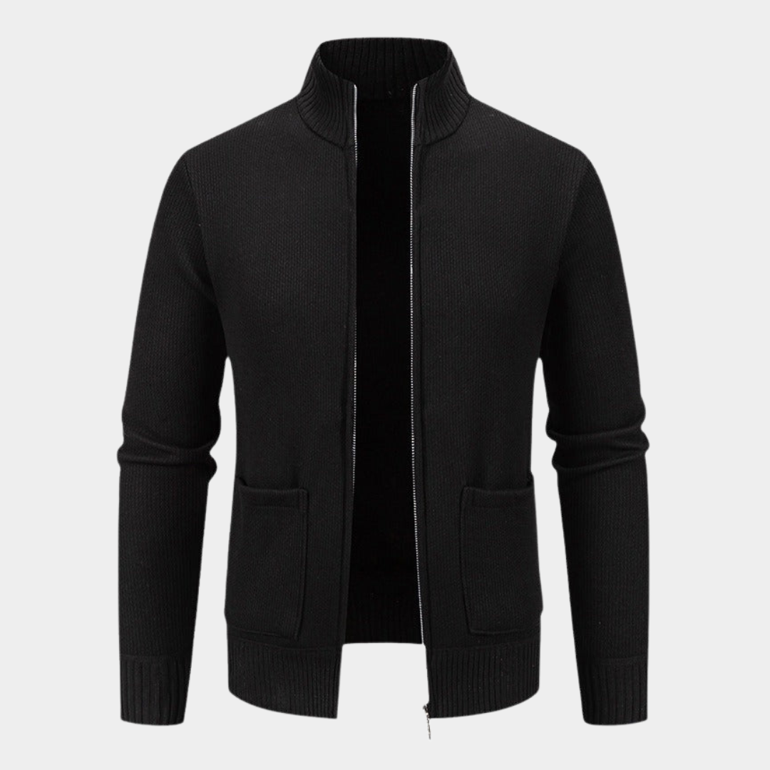 Textured Knit Zip Cardigan with Stand Collar