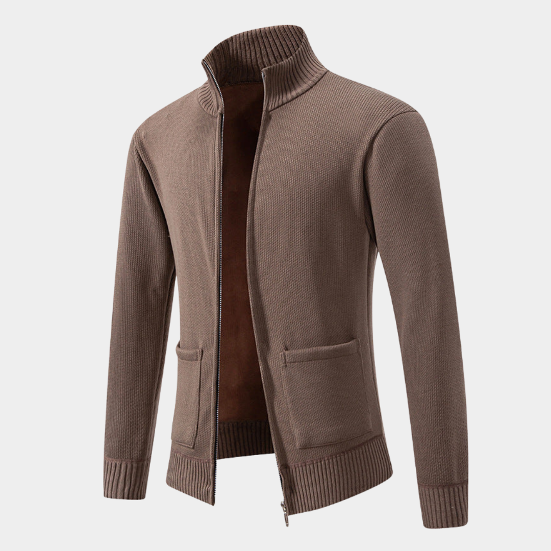 Textured Knit Zip Cardigan with Stand Collar