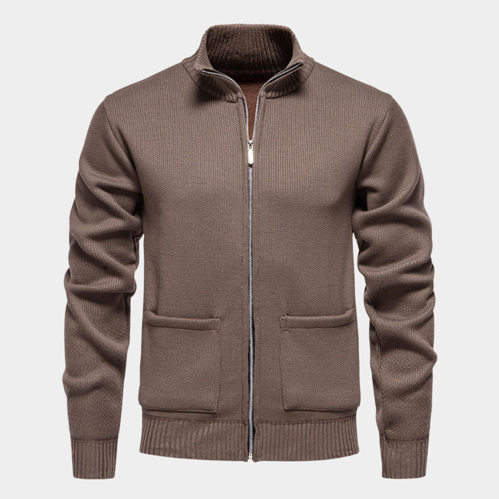 Textured Knit Zip Cardigan with Stand Collar