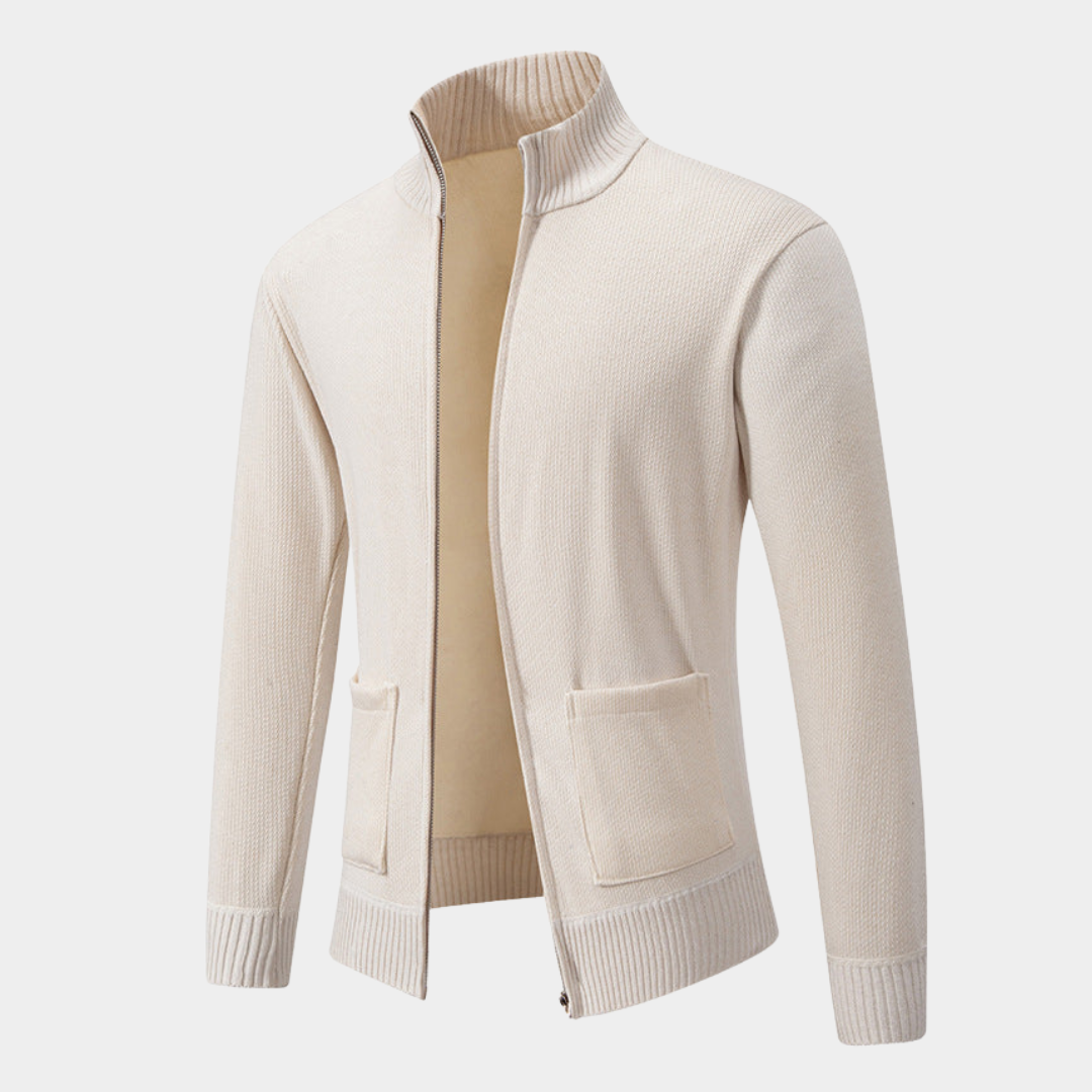 Textured Knit Zip Cardigan with Stand Collar