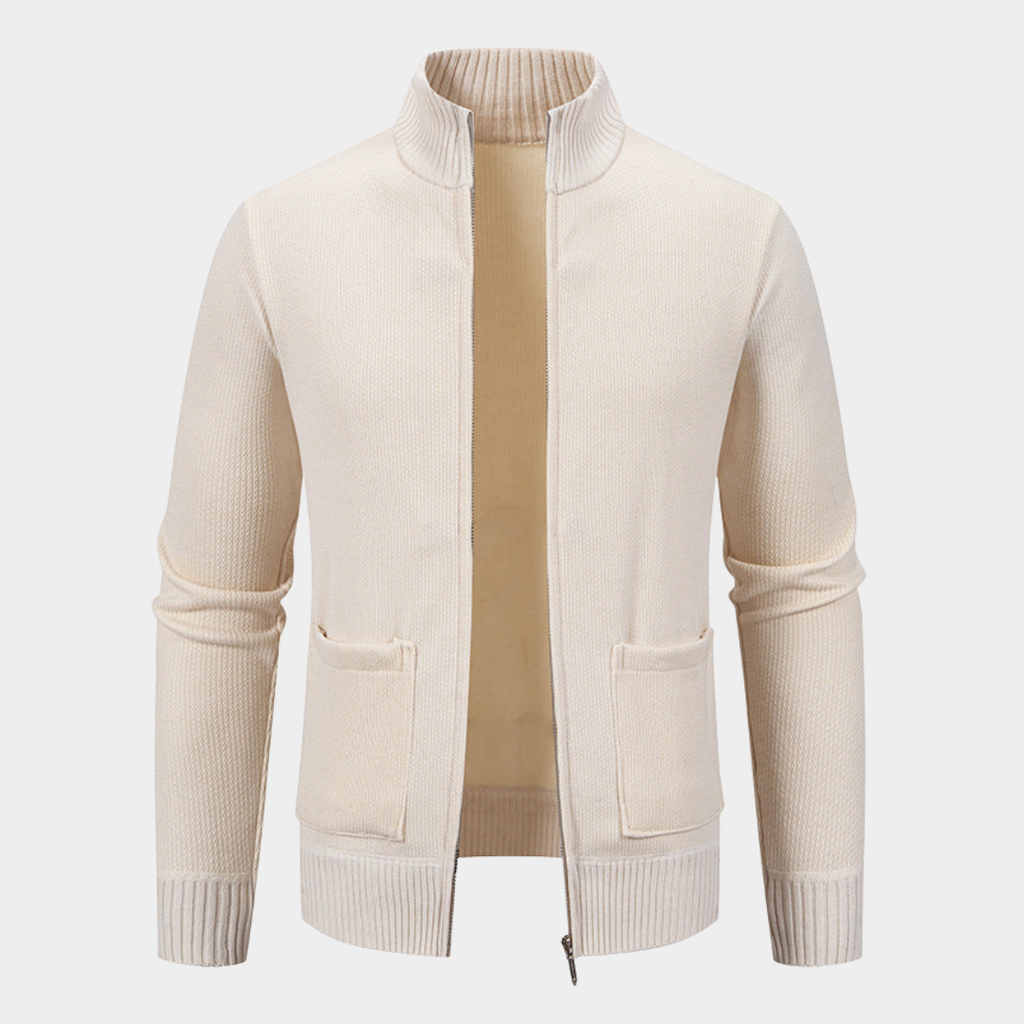 Textured Knit Zip Cardigan with Stand Collar