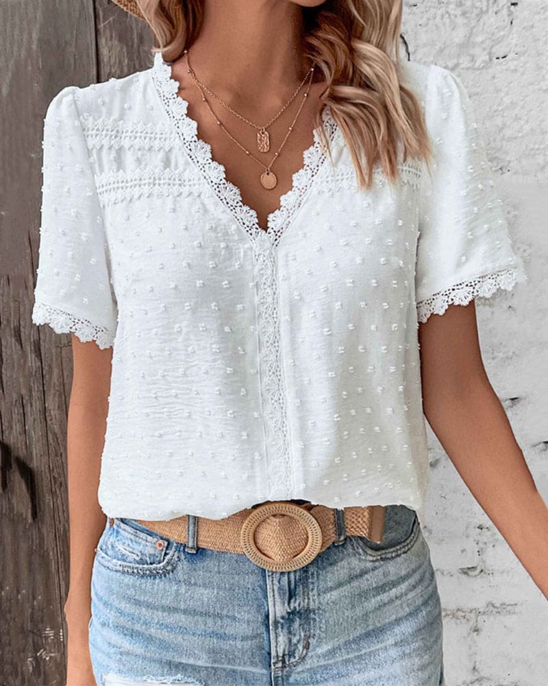 Textured Lace Trim V Neck Blouse