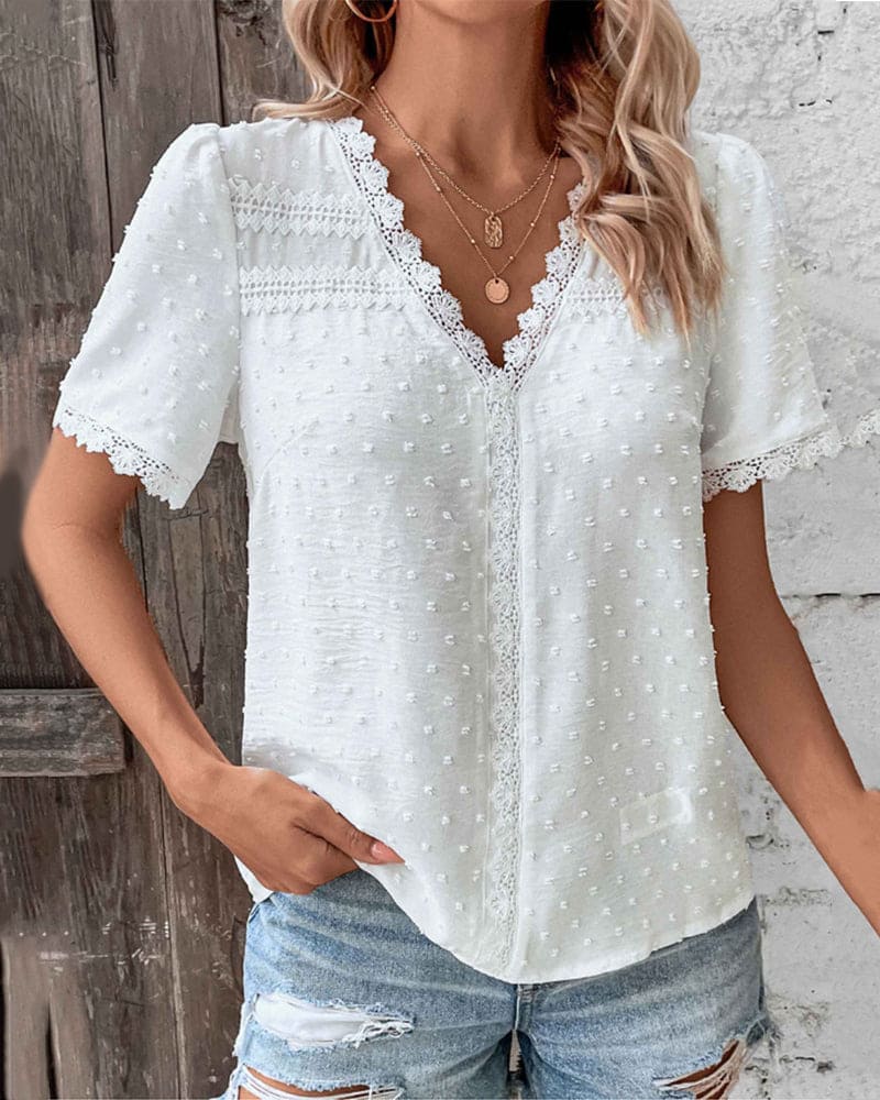 Textured Lace Trim V Neck Blouse