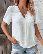 Textured Lace Trim V Neck Blouse