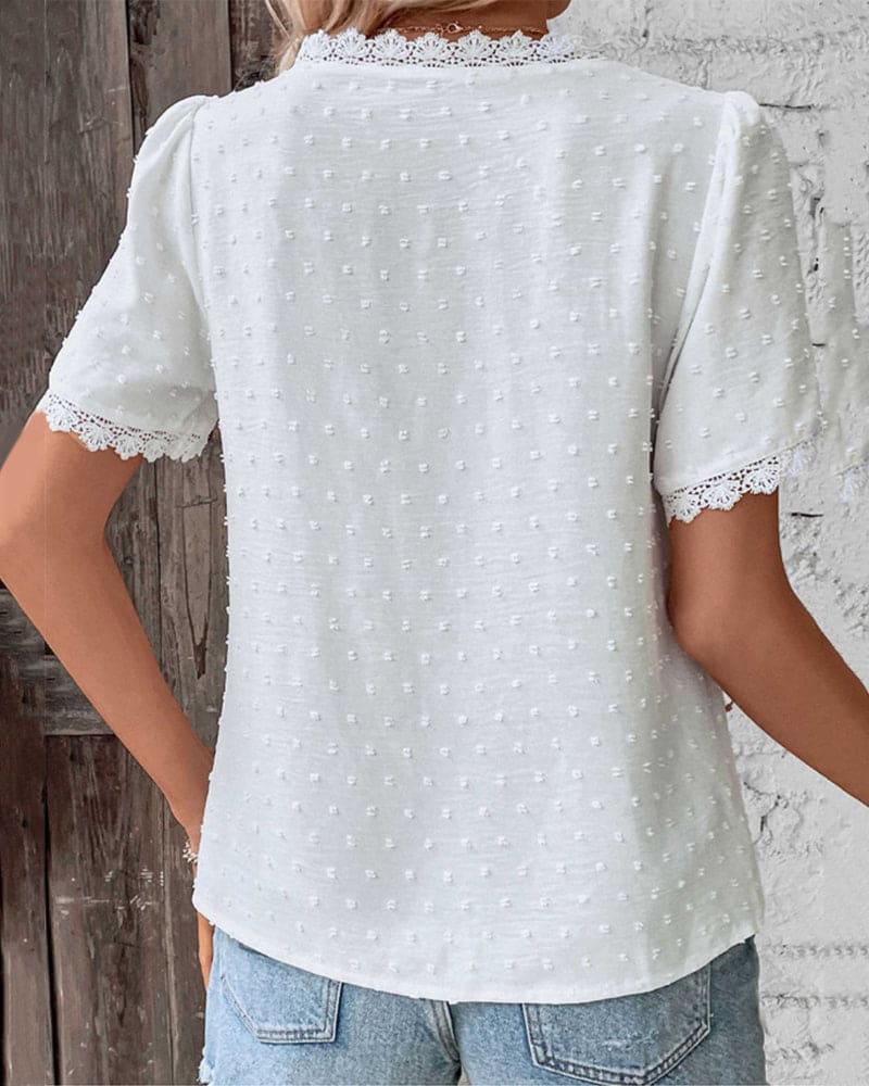 Textured Lace Trim V Neck Blouse