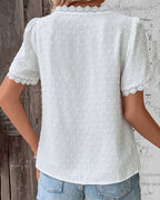 Textured Lace Trim V Neck Blouse