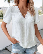Textured Lace Trim V Neck Blouse