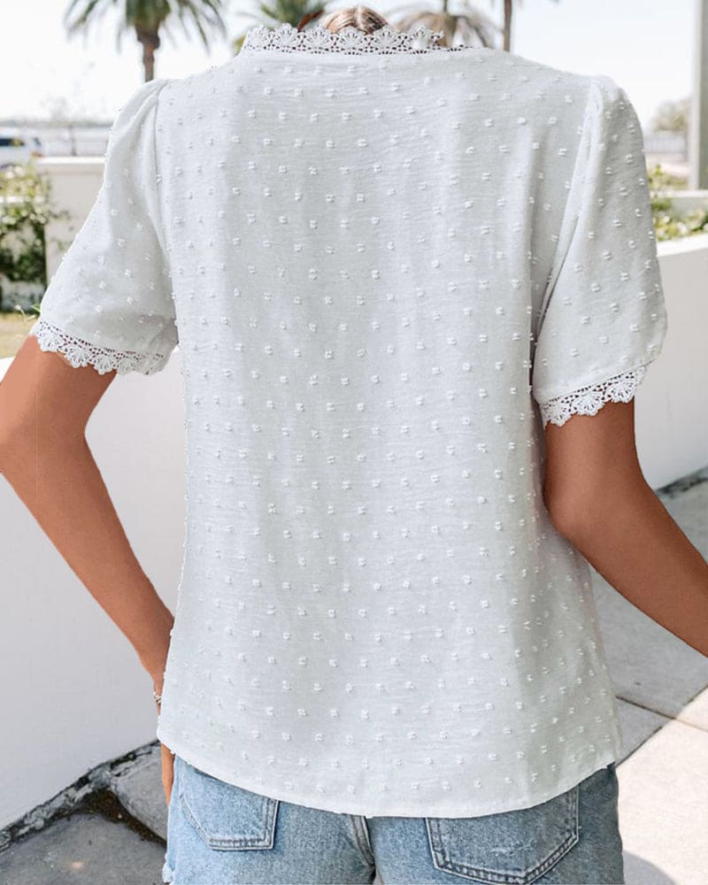 Textured Lace Trim V Neck Blouse