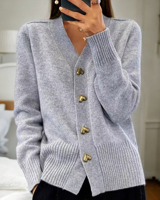 V Neck Knit Cardigan with Heart Buttons
