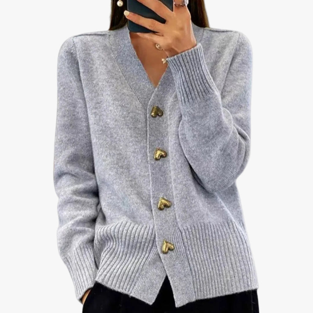 V Neck Knit Cardigan with Heart Buttons
