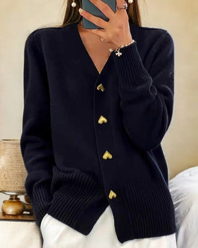 V Neck Knit Cardigan with Heart Buttons