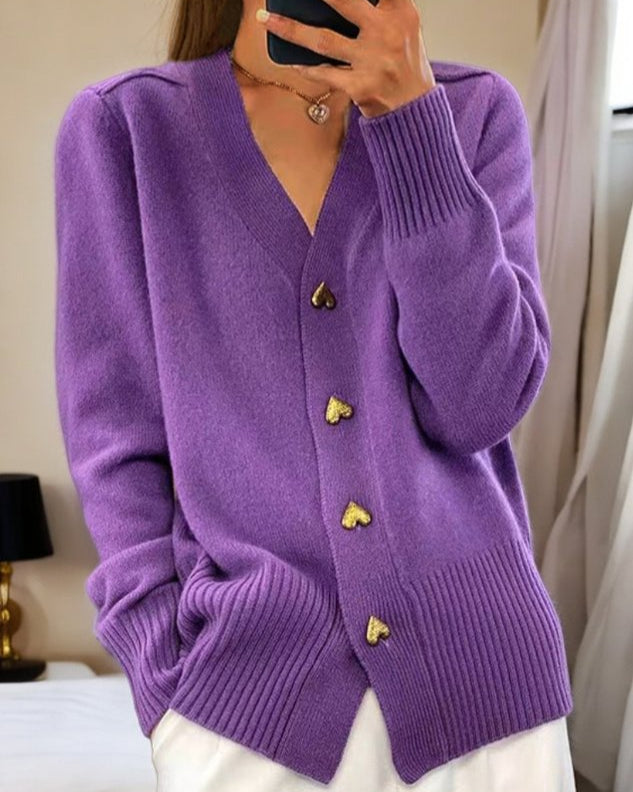 V Neck Knit Cardigan with Heart Buttons