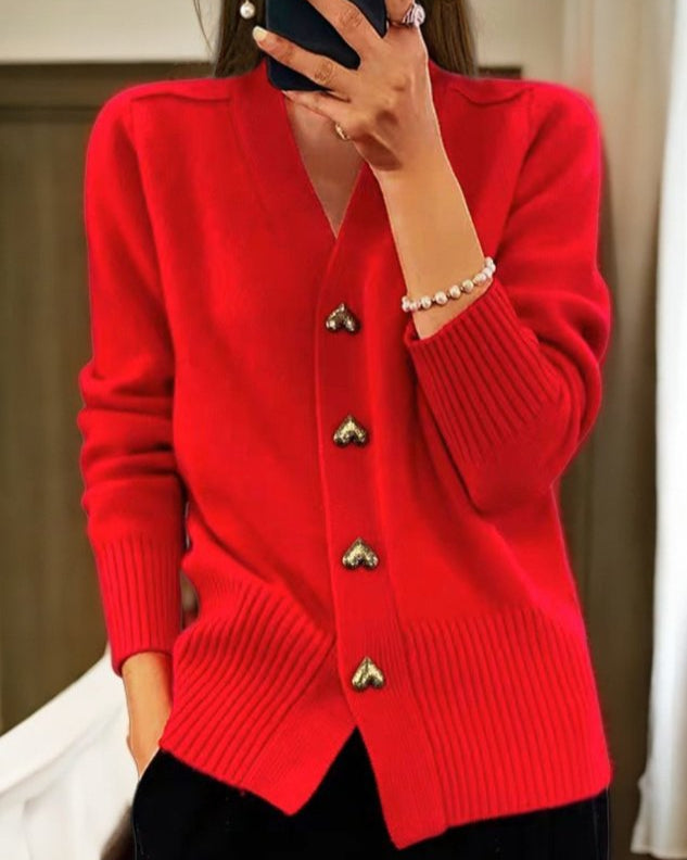 V Neck Knit Cardigan with Heart Buttons