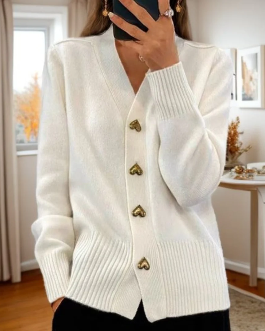 V Neck Knit Cardigan with Heart Buttons