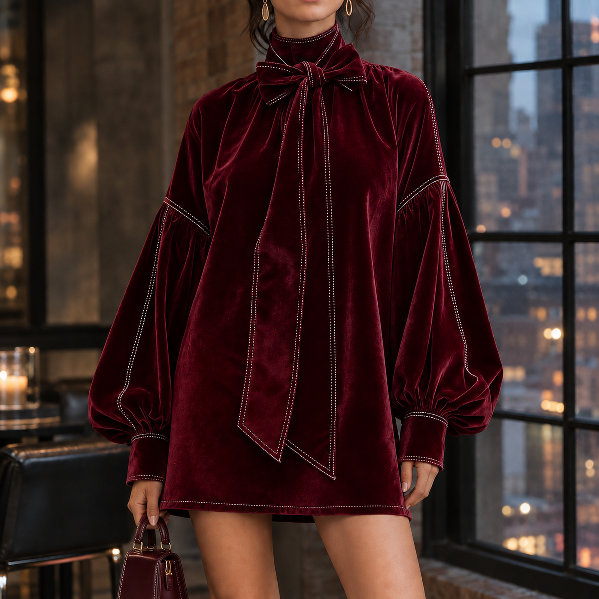 Velvet Bow Neck Balloon Sleeve Mini Dress