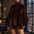 Velvet Bow Neck Balloon Sleeve Mini Dress