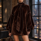 Velvet Bow Neck Balloon Sleeve Mini Dress