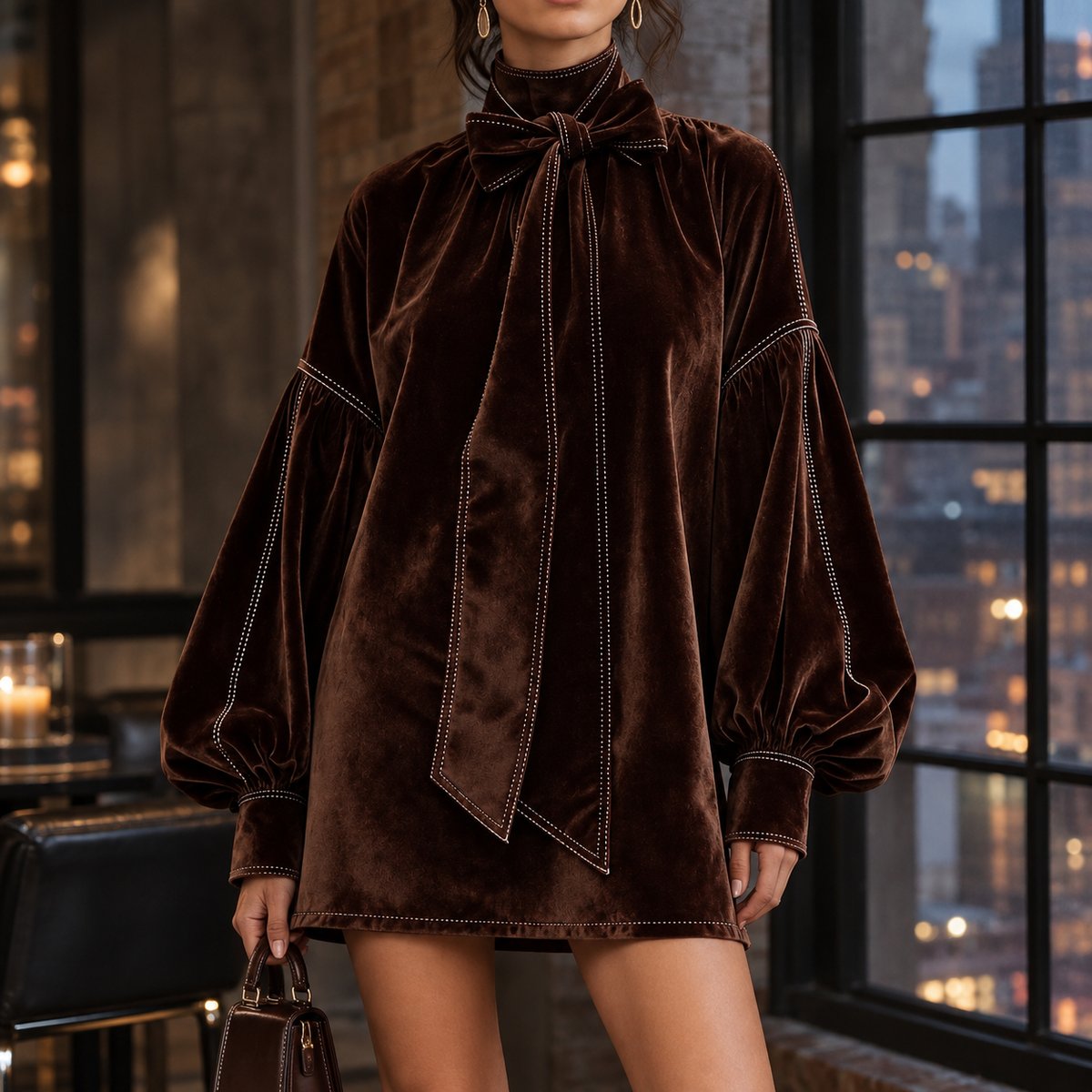 Velvet Bow Neck Balloon Sleeve Mini Dress