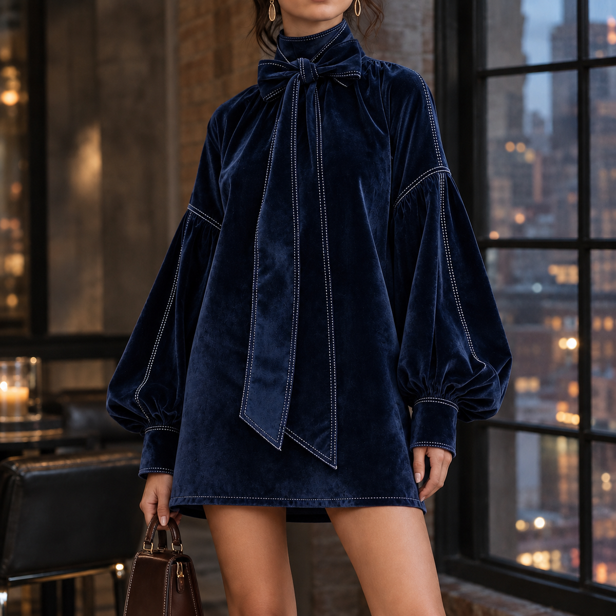 Velvet Bow Neck Balloon Sleeve Mini Dress
