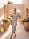 Wrap V Neck Print Midi Dress with Twist Waist