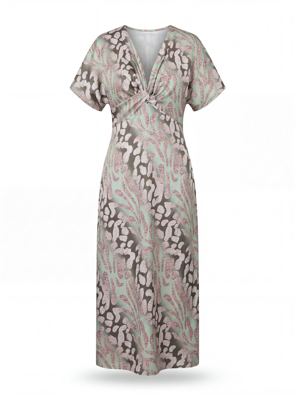 Wrap V Neck Print Midi Dress with Twist Waist